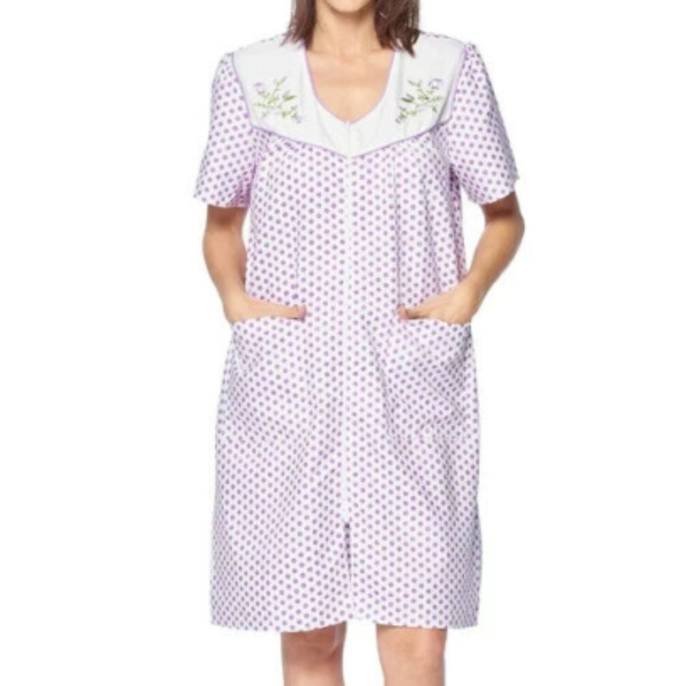 Purple Women's Zipper Front House Dress Short Sleeves Embroidered Housecoat